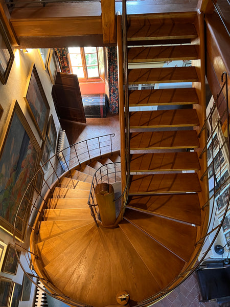 A spiral staircase in an ancient castle