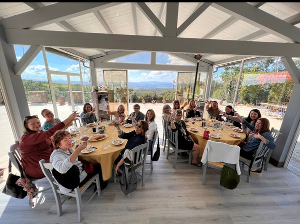 group of women having wine and lunch in a glass room overlooking vineyards in tuscany