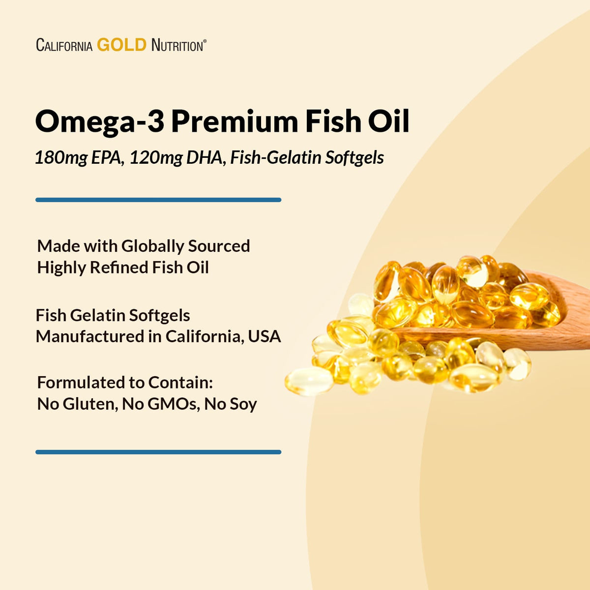 California Gold Nutrition, Omega-3 Premium Fish Oil, 180 EPA / 120 DHA, 100 Fish Gelatin Softgels