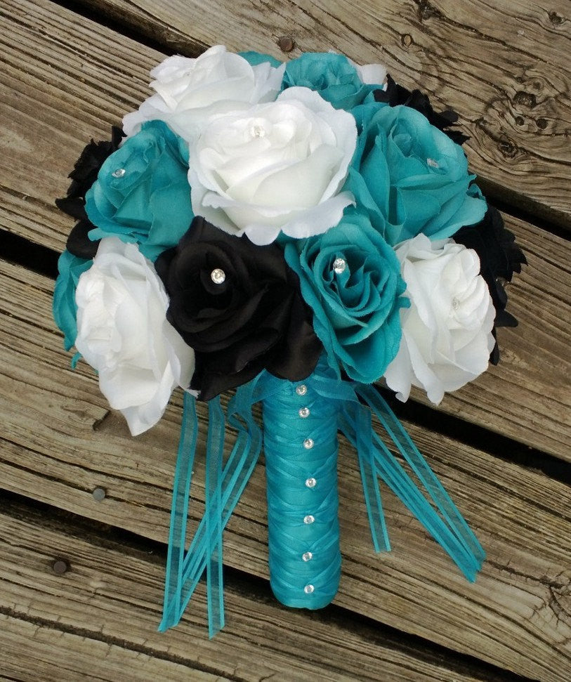 Sale Malibu Blue Black White Rose Wedding Bouquet Malibu Blue