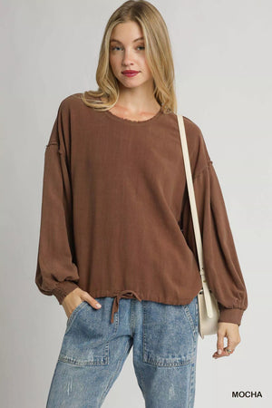 Umgee Linen Long Sleeve Top with Drawstring - Starzzyco