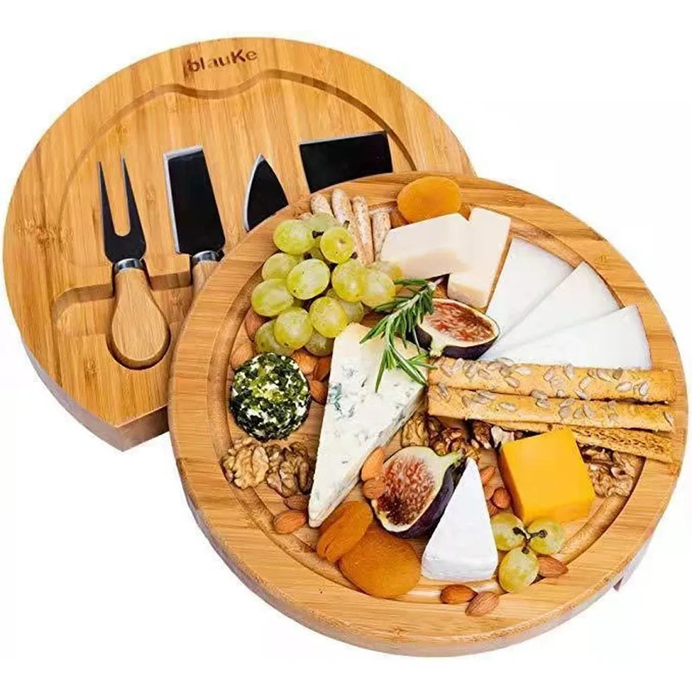 Bamboo Charcuterie Cheese Board Set Sliding Drawer Rotating Plate