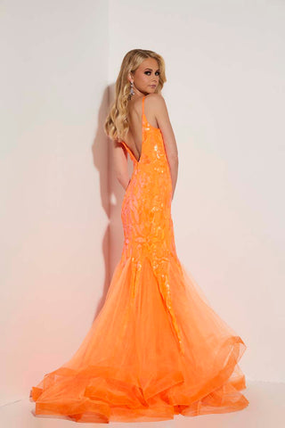 woman in neon orange fitted ballgown by jasz couture