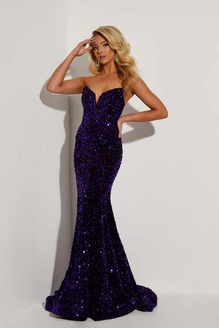 woman in a glittery purple strapless ballgown by jasz couture