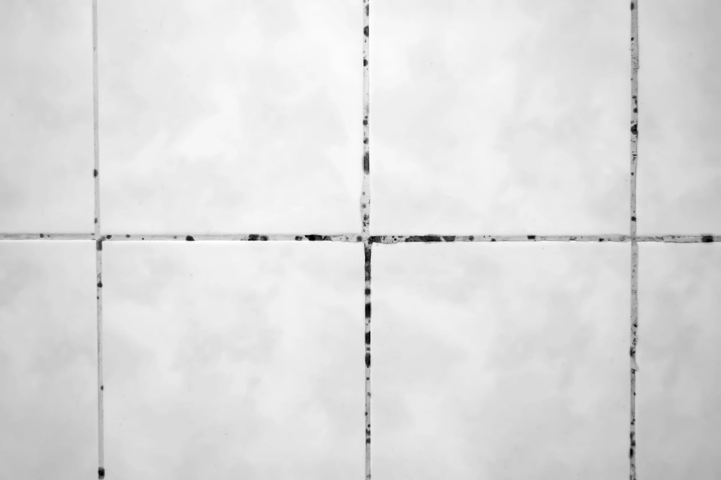 White tiles with black mold visible in the grout lines.