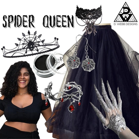 Flat lay of items used to put together a spider queen look