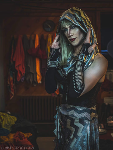 Lynwood wearing our Metallic Chevron Empire Scarf. Photo Credit: LMB Productions.