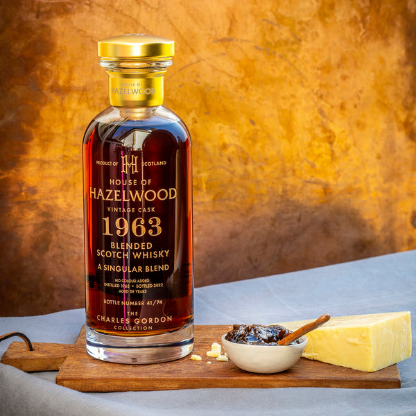 A Singular Blend whisky and food pairing hard cheddar cheese with chutney