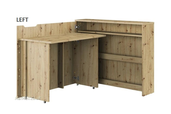 Convertible Hidden Desk With Storage, Folding Desk Space saving desk left, open, oak, marmell