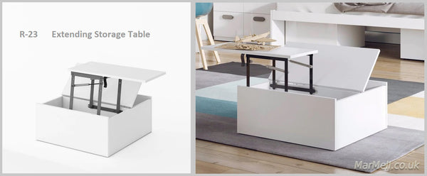 R23, extending storage table, table, folding table, table with storage, coffee table, table with hidden storage, marmell