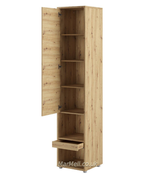 Tall Storage Cabinet cupboard with shelves for Vertical Wall Bed fold-down bed oak open marmell