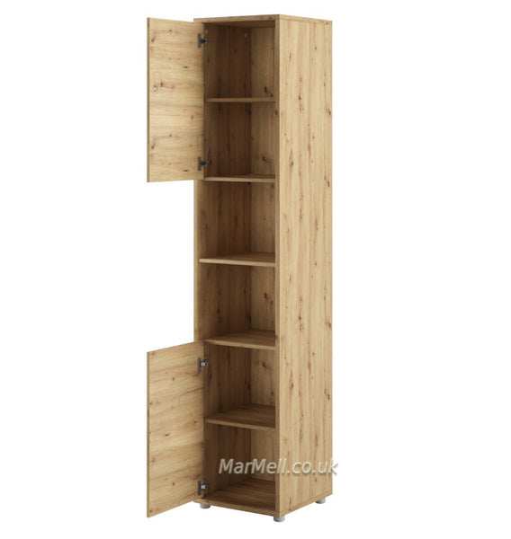 Tall Storage Cabinet cupboard with shelves push to open door for Vertical Wall Bed fold-down bed oak open marmell