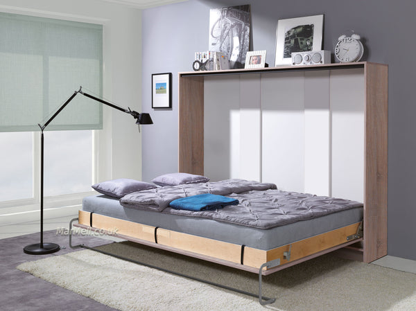 double horizontal wall bed fold away puling down space saving bed convertible bed folding hidden bed Murphy bed oak sonoma light marmell open