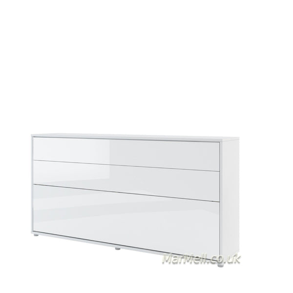 horizontal wall bed, space saving bed, hidden bed, folding bed, white gloss