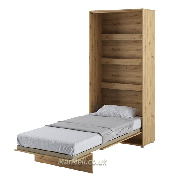 single vertical wall bed, hidden bed, Murphy bed,space seving bed, fold-down bed, oak