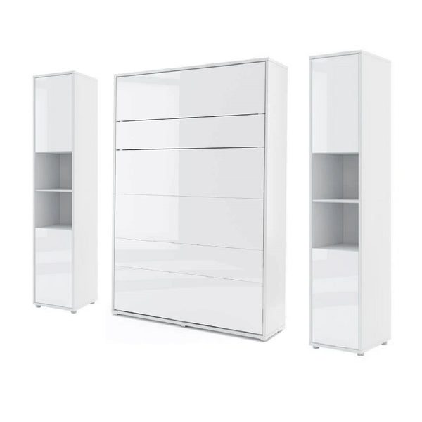 vertical double wall bed Murphy Bed folding multifunctional space saving bed with side cabinets white gloss