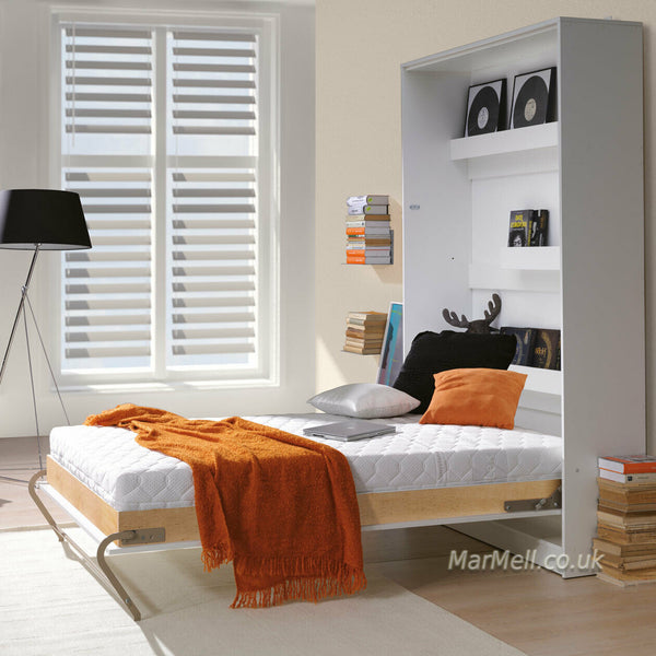 small double vertical wall bed, murphy bed, hidden bed, space saving bed, folding bed, multifunctional bed