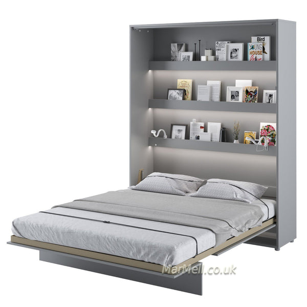 vertical king size wall bed Murphy bed space saving fold-down bed gray shelves