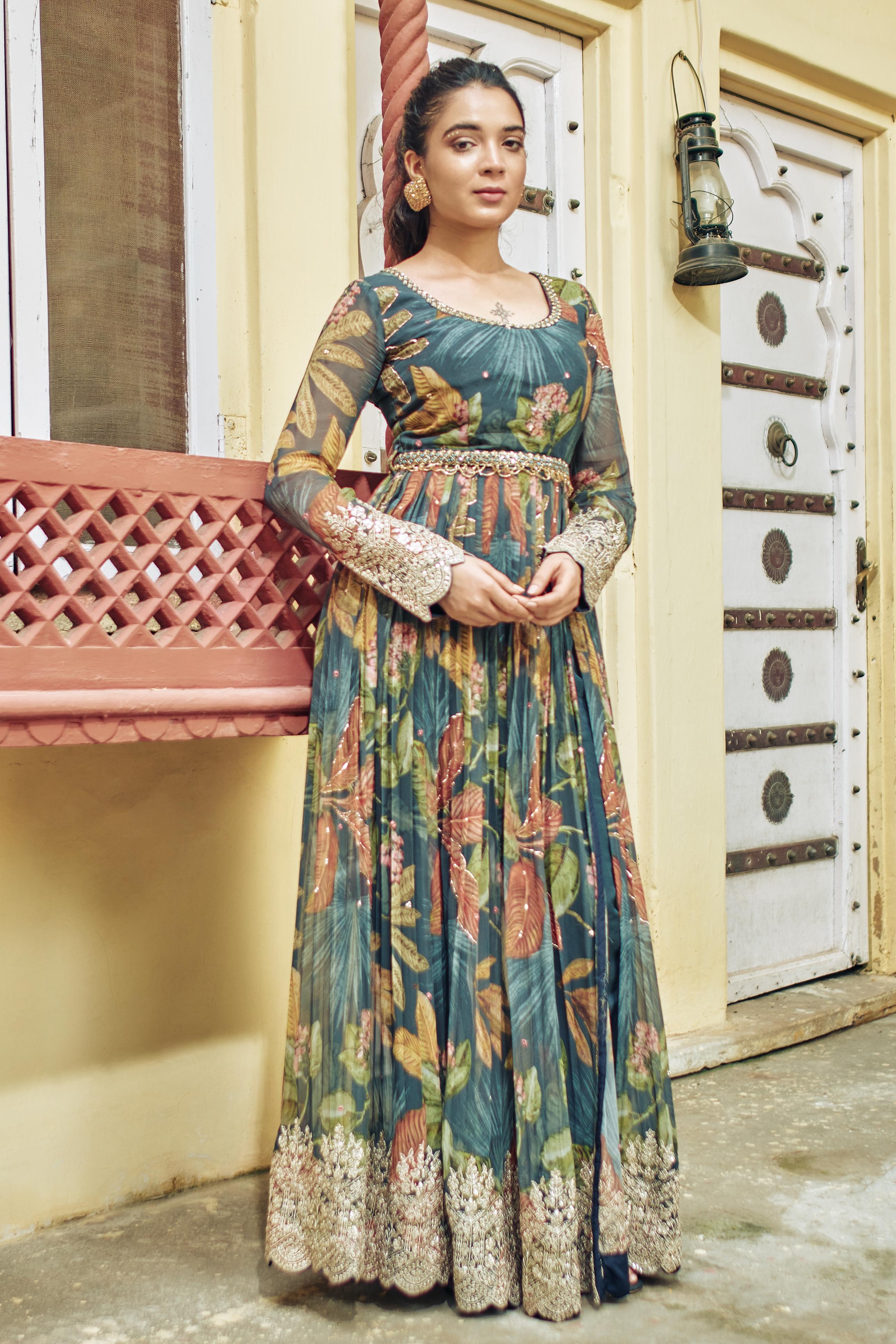 Shop Blue Satin Georgette Padded Gown - Dresses Online in India