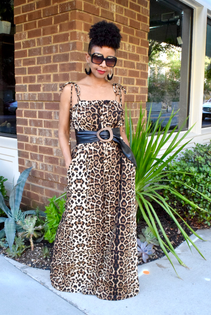 Leopard Tie Strap Wide Leg Jumpsuit