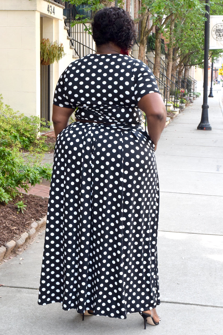 Curvy Polka Dot Crop Top Skirt Set -Black
