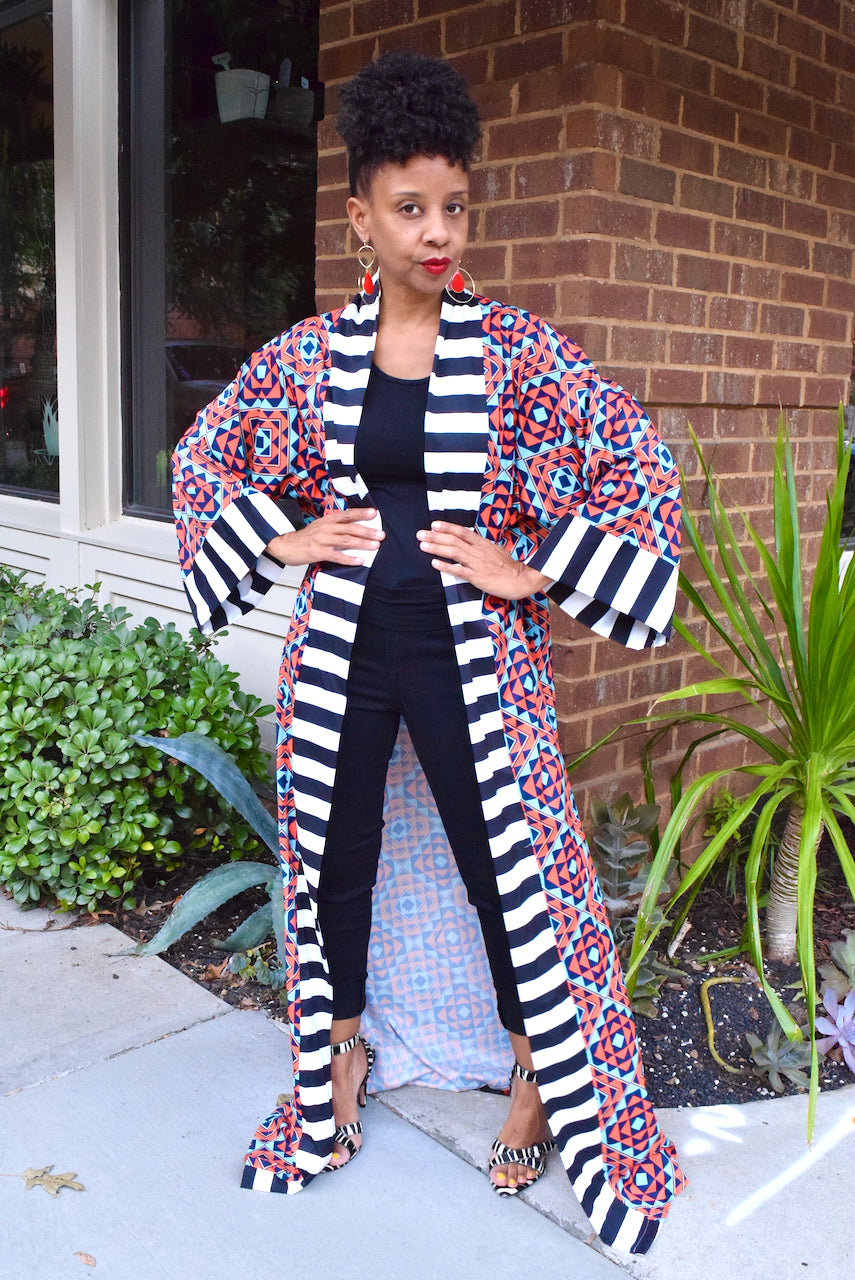 Tribal  & Stripe Maxi Kimono