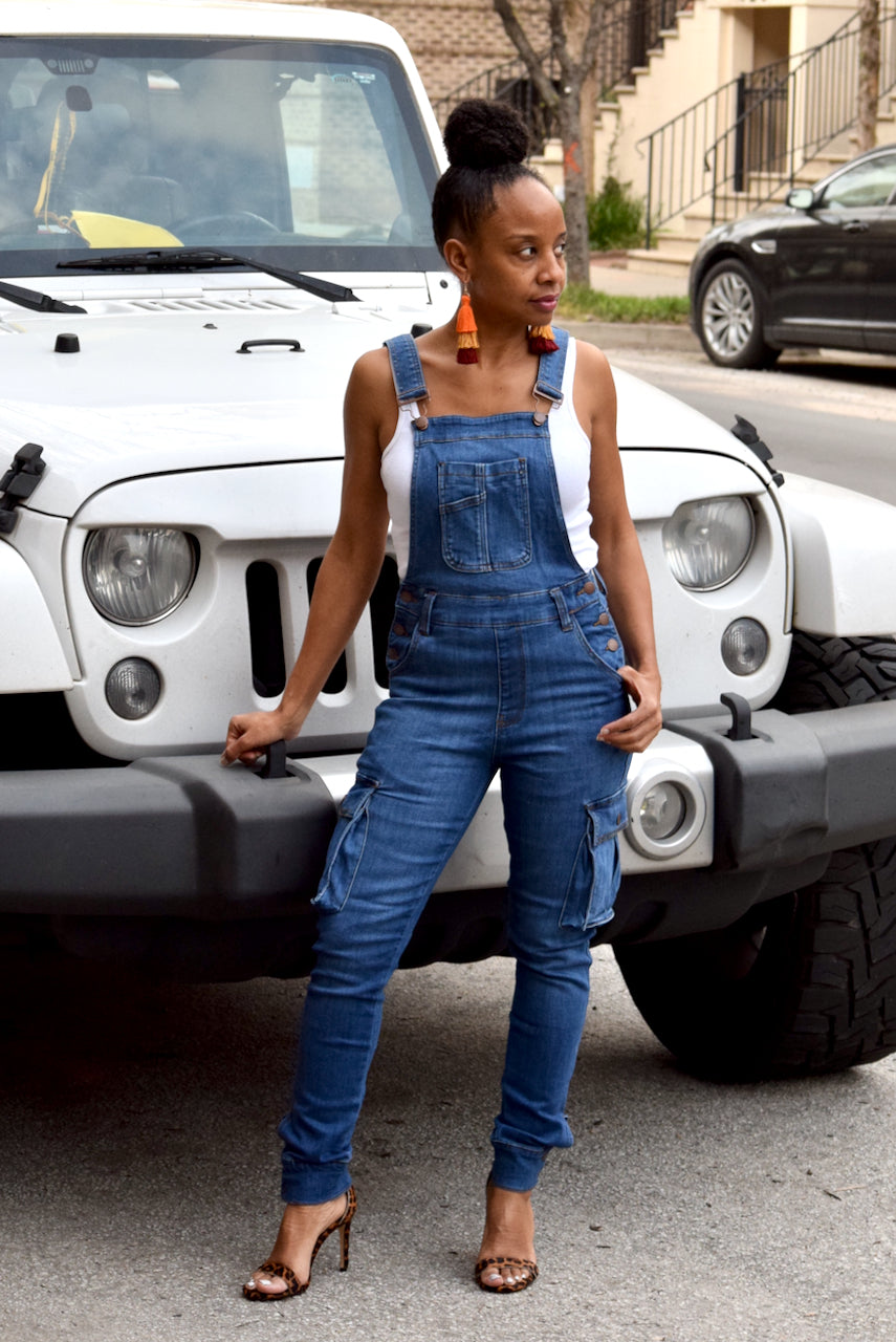 fitted denim overalls