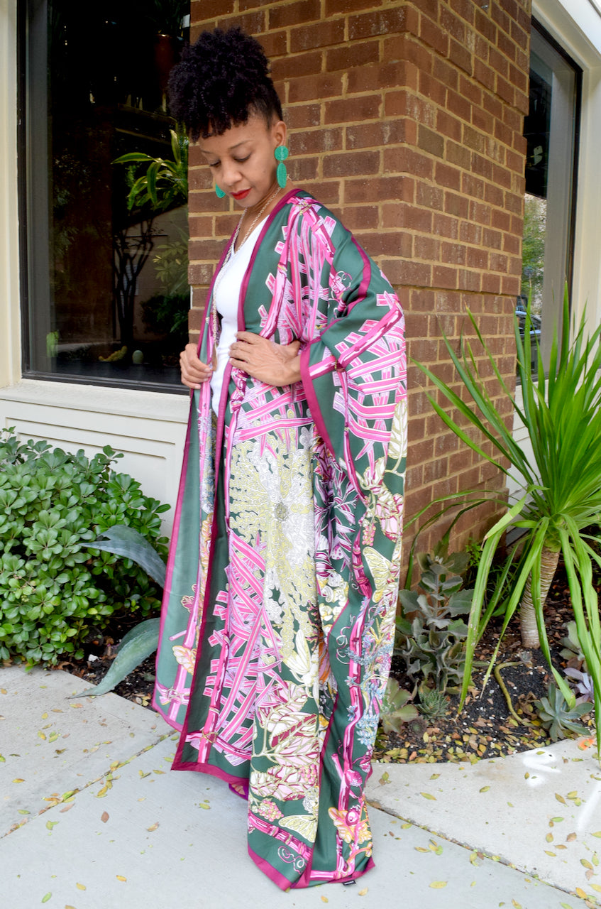 Green & Pink Mixed Floral Kimono