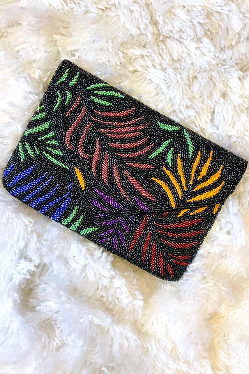 Multi Color Leaf Beaded Flap Clutch