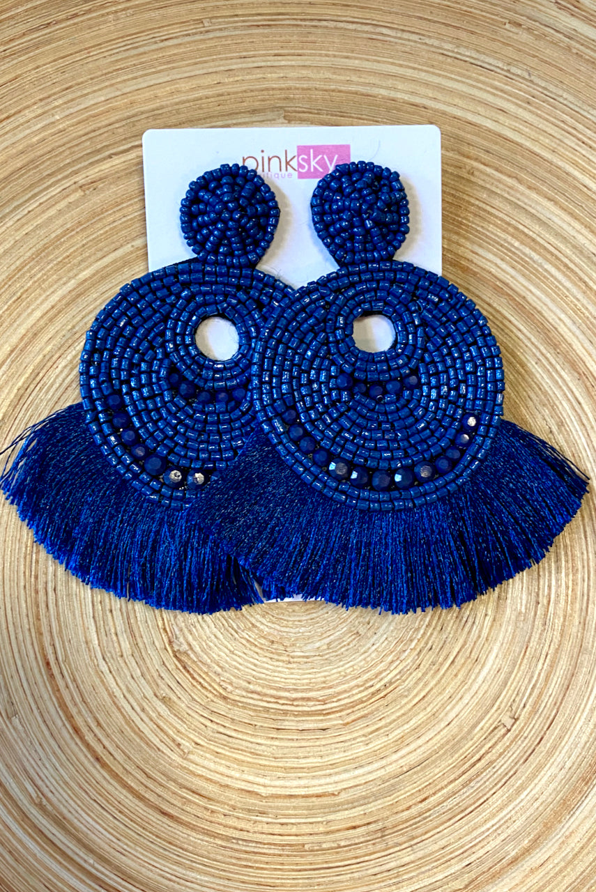 Fan Tassel Beaded Circle Earrings -Navy