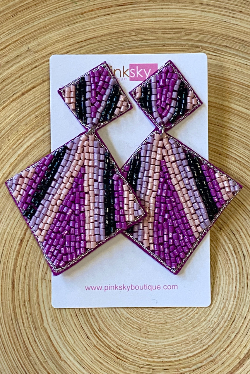 Stripe Bead Double Diamond Earrings-Purple