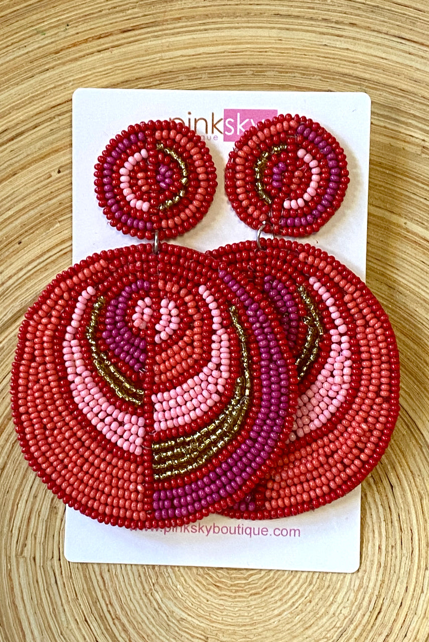 Red Multi Bead Double Disc Earrings