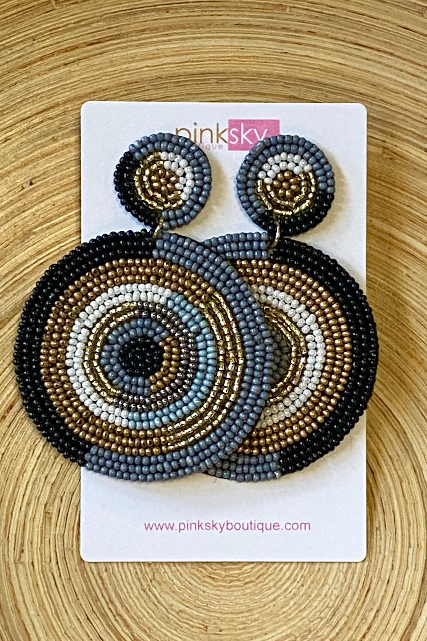 Grey Multi Bead Double Disc Earrings