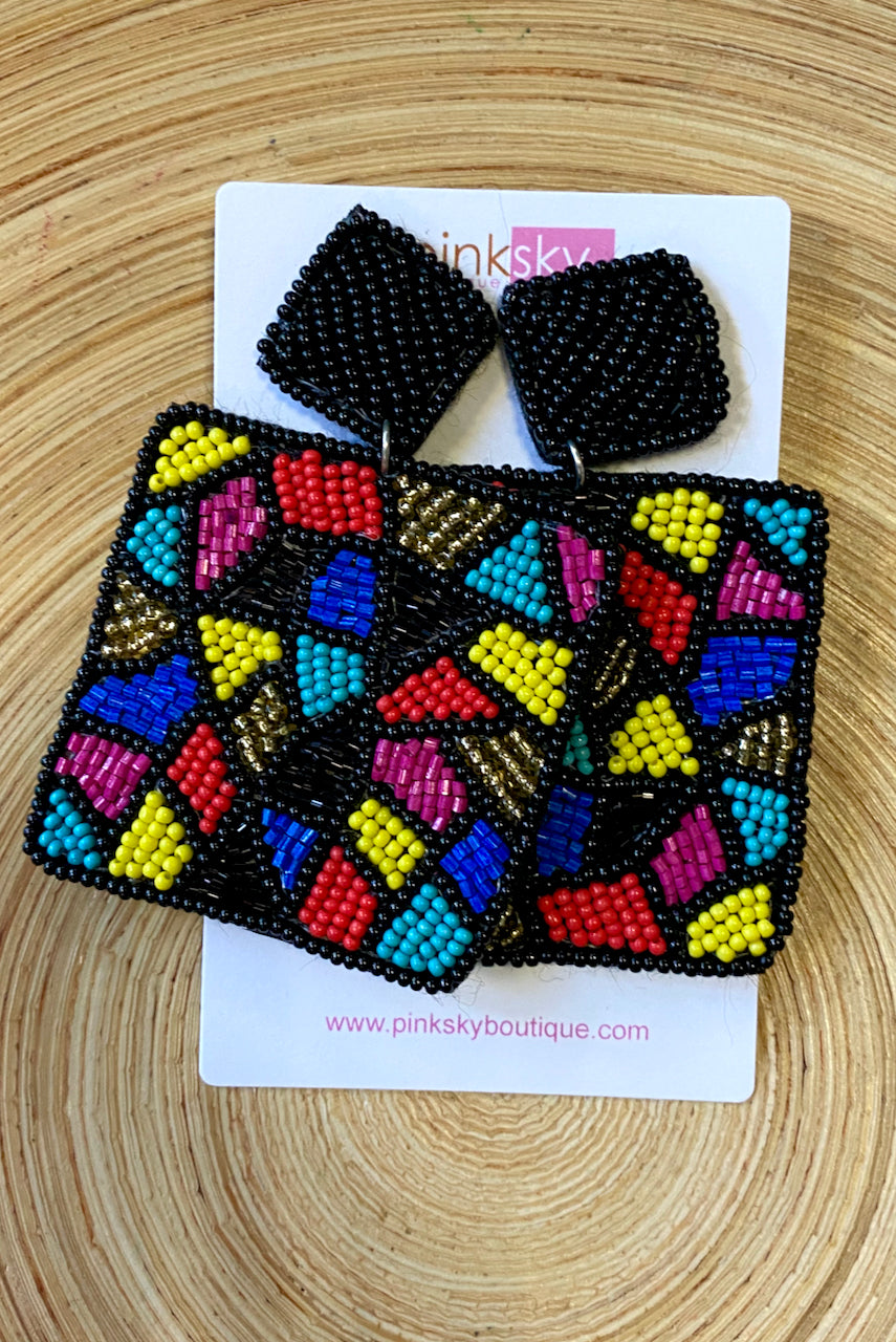 Multi Color Block Square Earrings- Black