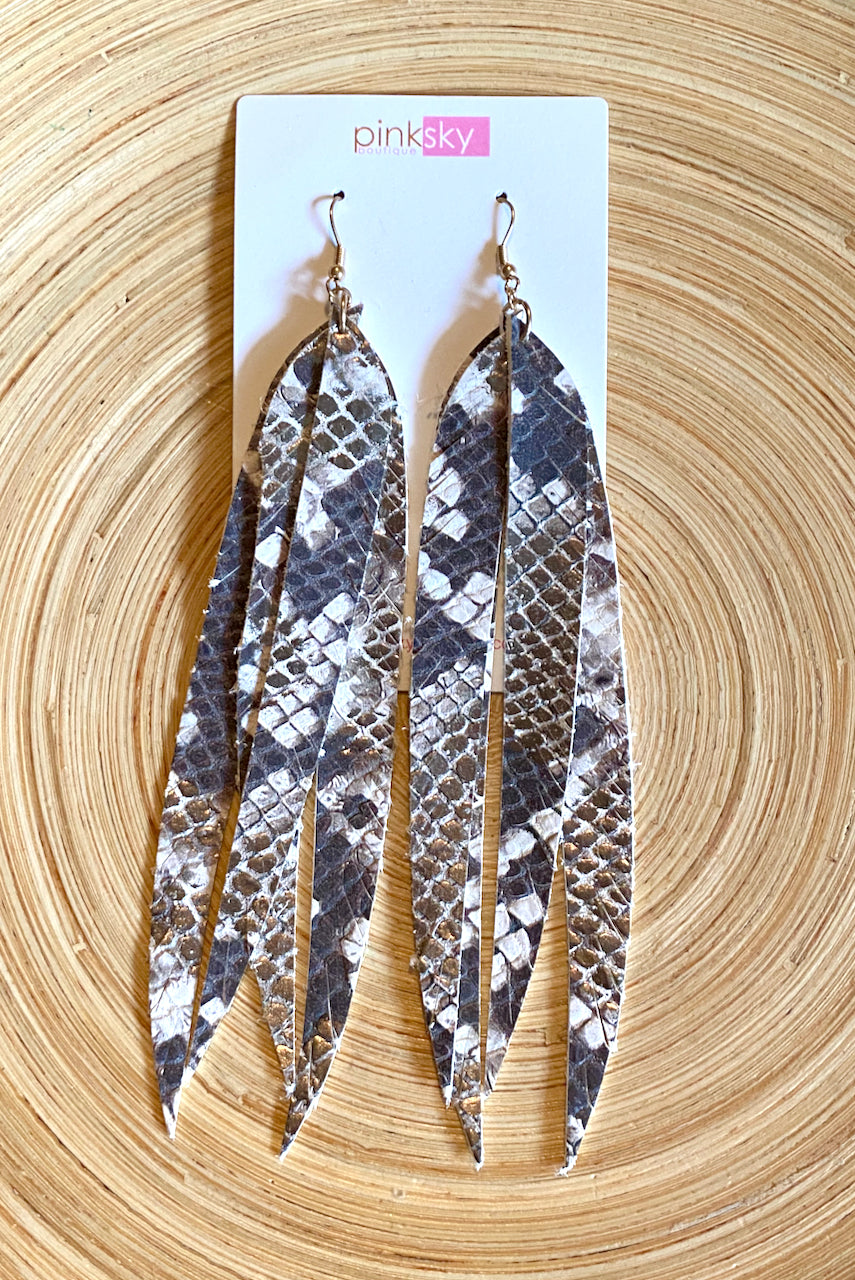 Long Leather Feather Python Earrings