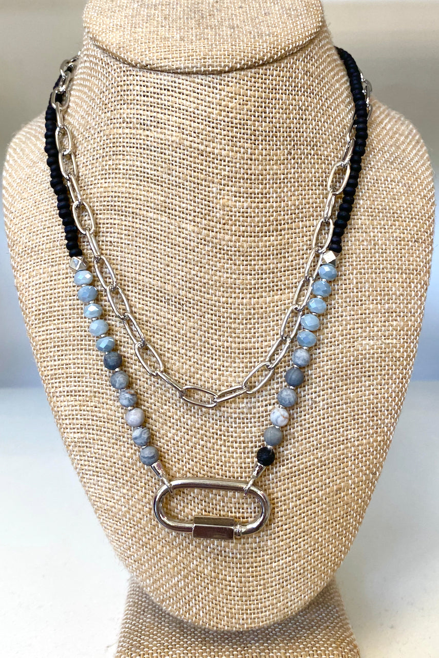 Gemstone Bead Link Layer Necklace -Grey