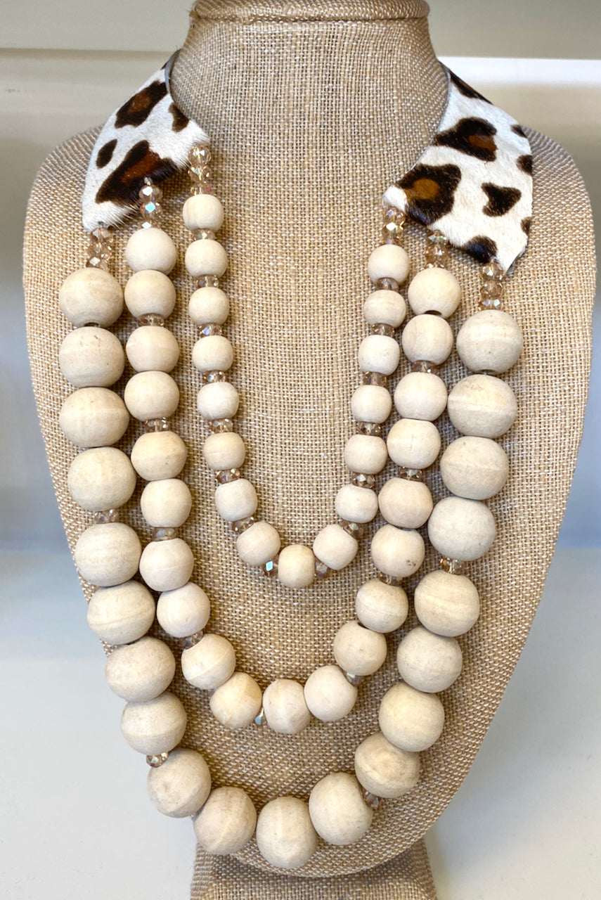 Layer Bead Cheetah leather Bib Necklace