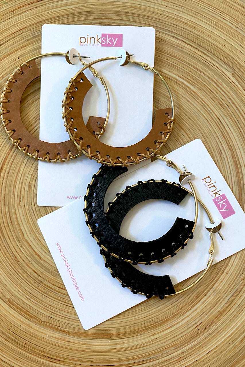 Trimmed Leather Hoops -Black