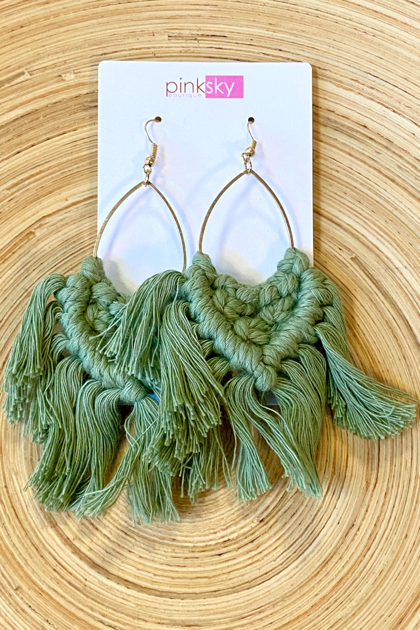 Tear Crochet Tassel Earrings -Sage