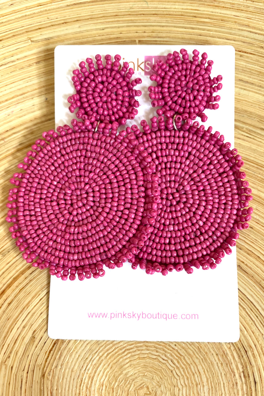 Beaded Double Disc Medium Earrings- Fuchsia