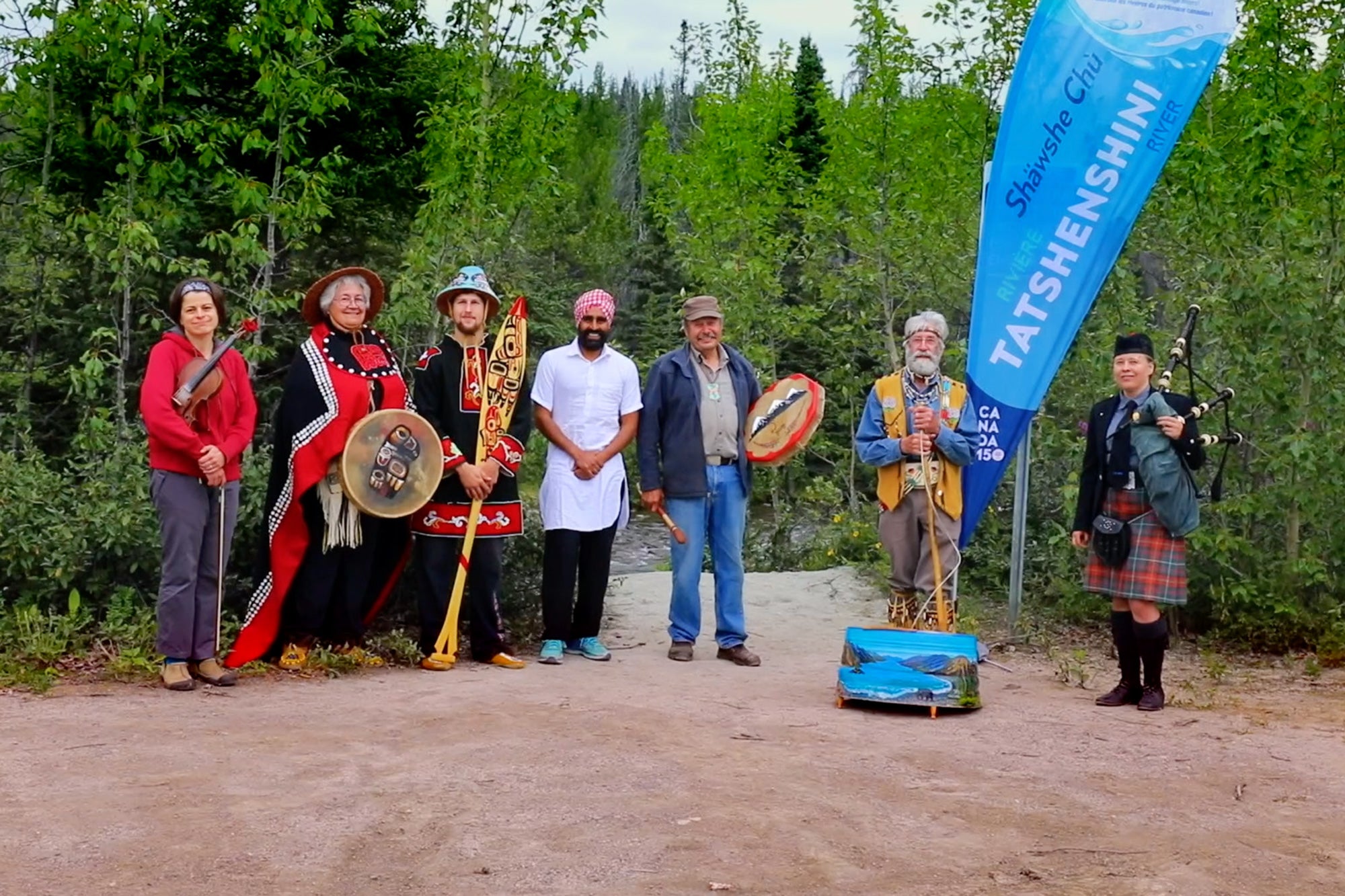 This photo was taken at Million-Dollar Falls (on the bank of Tatshenshini River) near the Yukon-Alaska border in 2017. The event was hosted by "Yukon Women in Music". The event was part of the Canadian Heritage Rivers Celebration. People from various cultures and communities came together to dance Bhangra there.