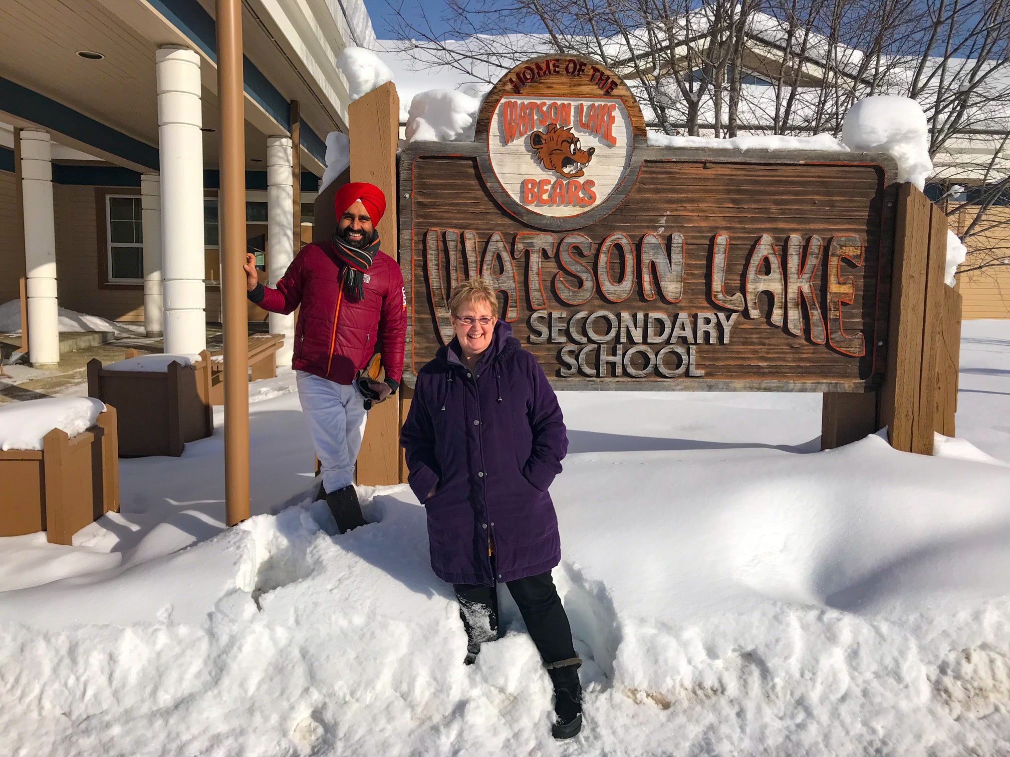 Gurdeep Pandher and community health nurse Sue Rudd from Watson Lake Community Hospital visited Watson Lake Secondary School. Gurdeep visited this school to provide lessons on Pink Shirt Day, discussing the importance of inclusivity.