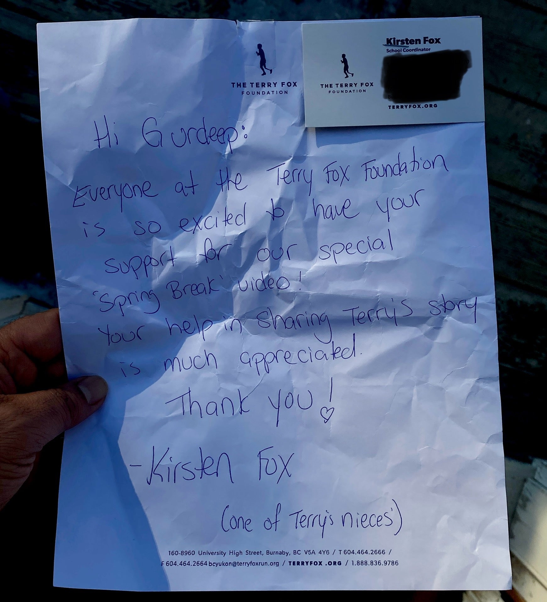A note from Kirsten Fox, one of Terry Fox's nieces