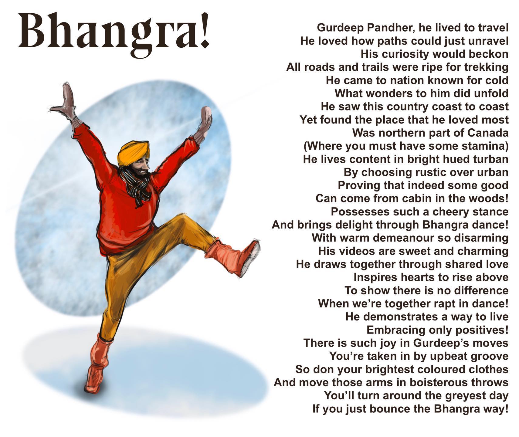 Poet and illustrator Theresa Baxter wrote a poem about Gurdeep. Not only that, she also created an illustration of him. He was truly touched by the time and effort Theresa dedicated to creating this poem and illustration.