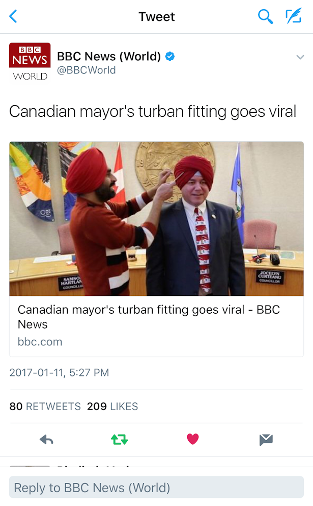The Mayor of the City of Whitehorse, Yukon Mr. Dan Curtis made history in early 2017 by becoming the first Canadian Mayor to learn the art of wearing a Sikh turban. After I gave him the Sikh turban and taught him a Bhangra lesson, he wore it on his head with pride and danced Punjabi Bhangra with myself. Then, with the turban on his head, the mayor declared the City of Whitehorse to be a diversity-friendly city. The video of this fun-filled adventure was published by BBC News, CBC National, USA Today, and travelled around the whole world.