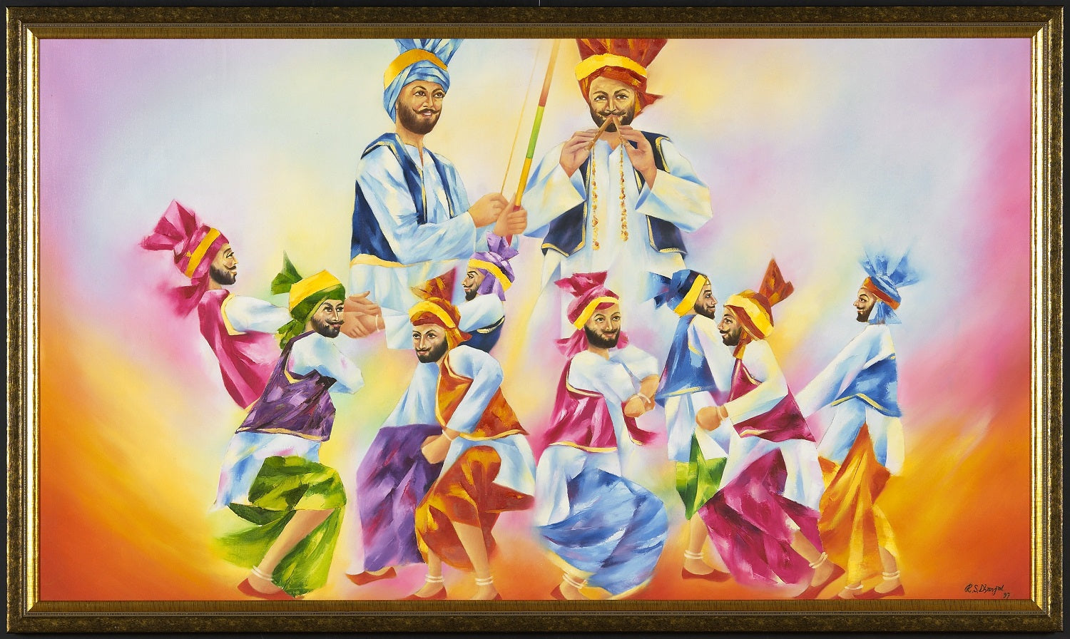 Boys from Punjab dancing Bhangra (A painting by R.S. Dhanjal/ 1997)