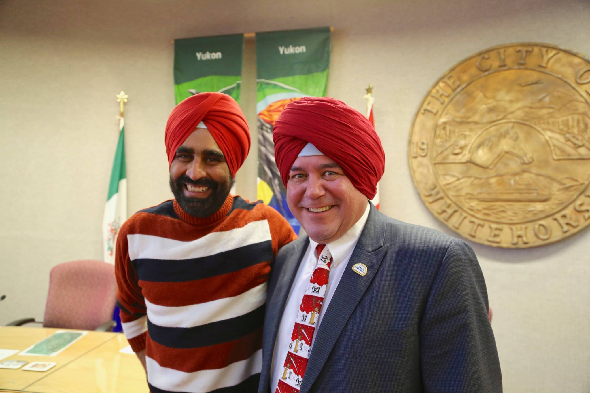 Gurdeep with the Mayor of Whitehorse, Dan Curtis. Their video collaboration to raise turban awareness was watched by 12 million people on BBC News in 2017.