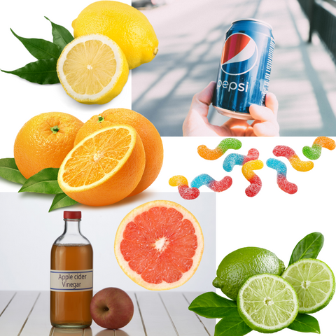 A compilation of lemons, limes, oranges, grapfruit, vinegar, soda, and sour candy