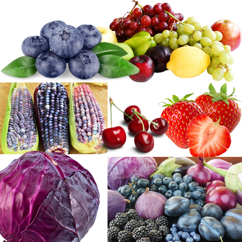A compilation of purple, red, and blue fruits and vegtables