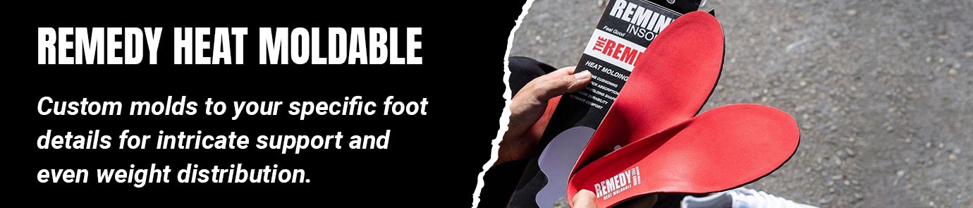 The Remedy is a heat moldable insole that Custom molds to your specific foot details for intricate support and even weight distribution.